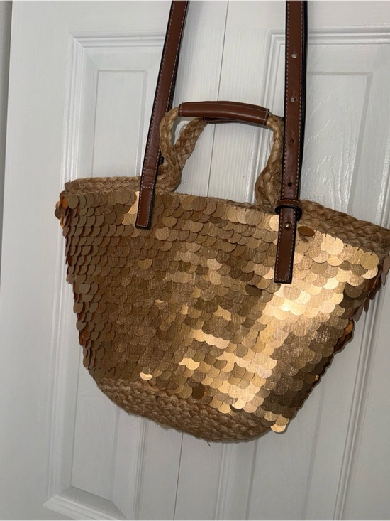 Zara Handbags - Zara Gold Sequin Straw Tote with Brown Handles